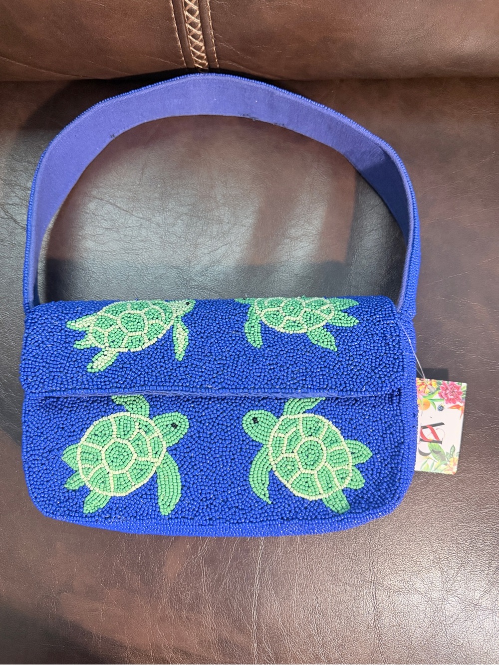 Blue Turtle Beaded Shoulder Bag